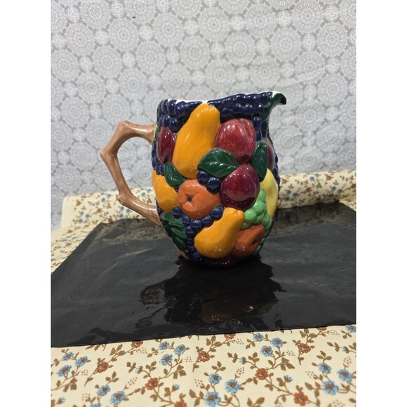 Ceramic Fruit Pitcher Reliefware Embossed Colorful Kitchen Decor Centerpiece - Picture 1 of 8